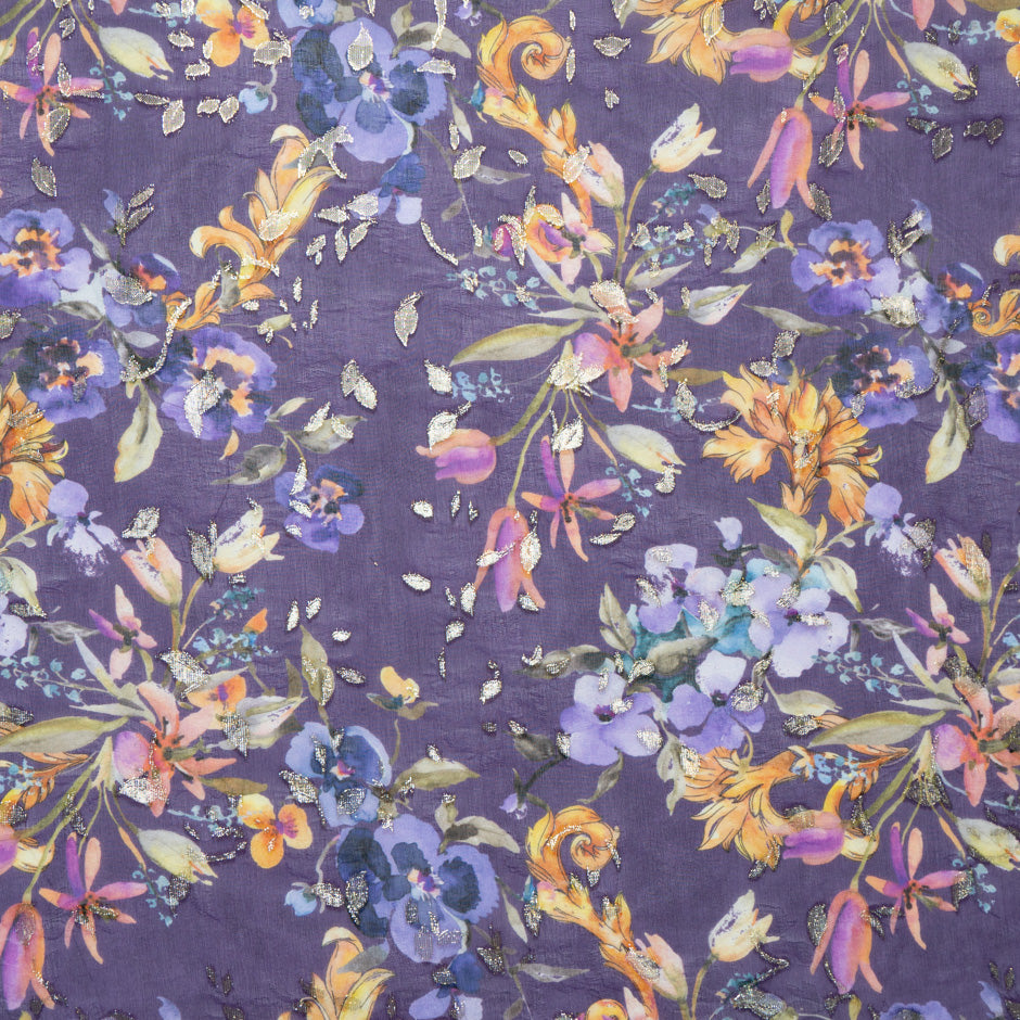 Multi Floral Printed Purple Jacquard Georgette