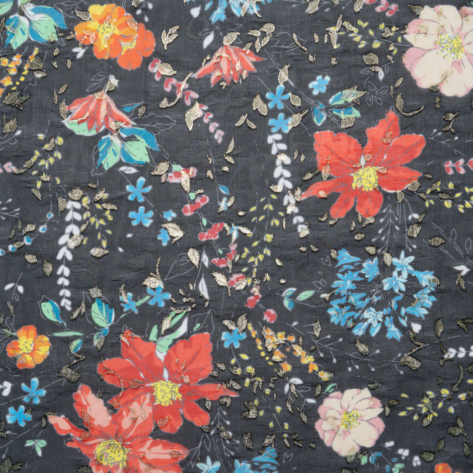 Multi Floral Printed Black Jacquard Georgette