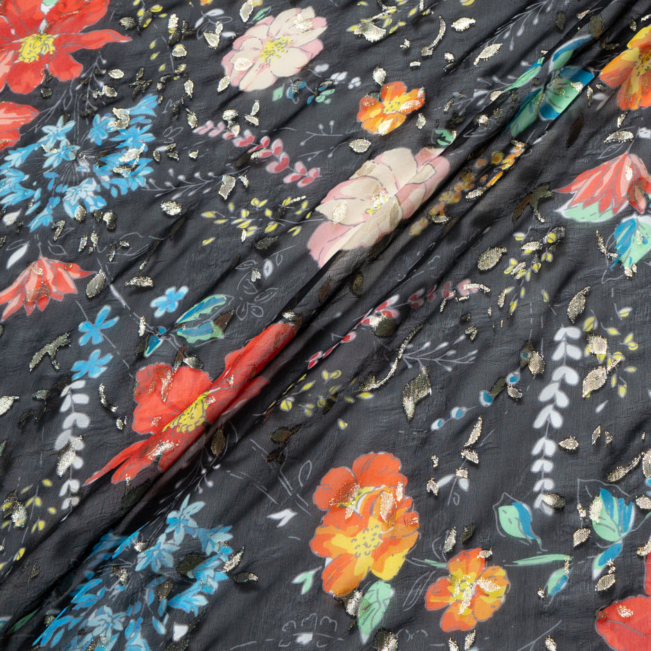 Multi Floral Printed Black Jacquard Georgette