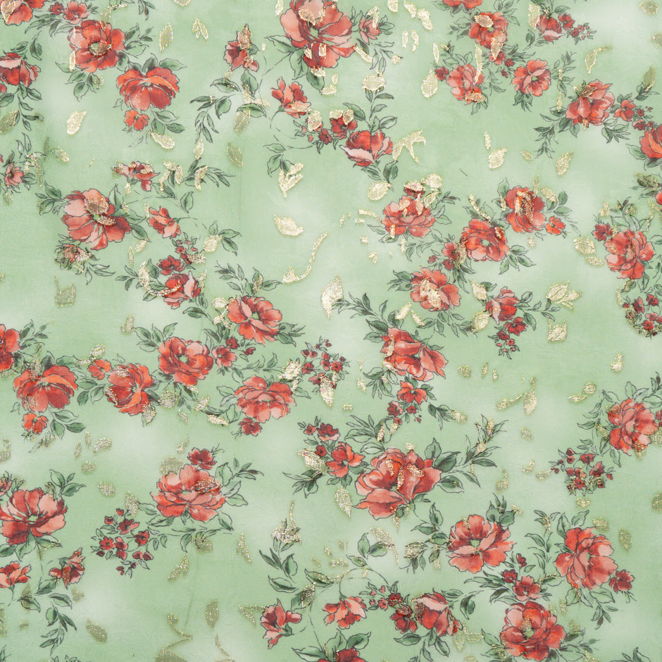 Poppy Printed Green Silk Metallic Jacquard Georgette