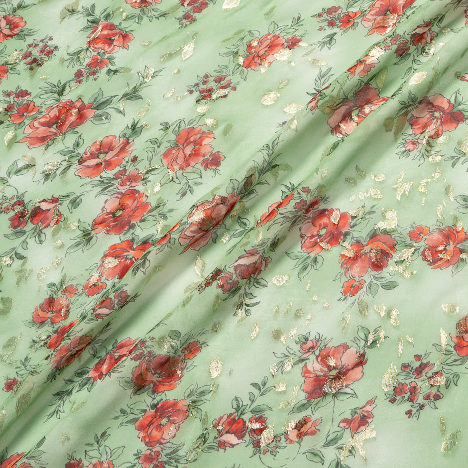 Poppy Printed Green Silk Metallic Jacquard Georgette