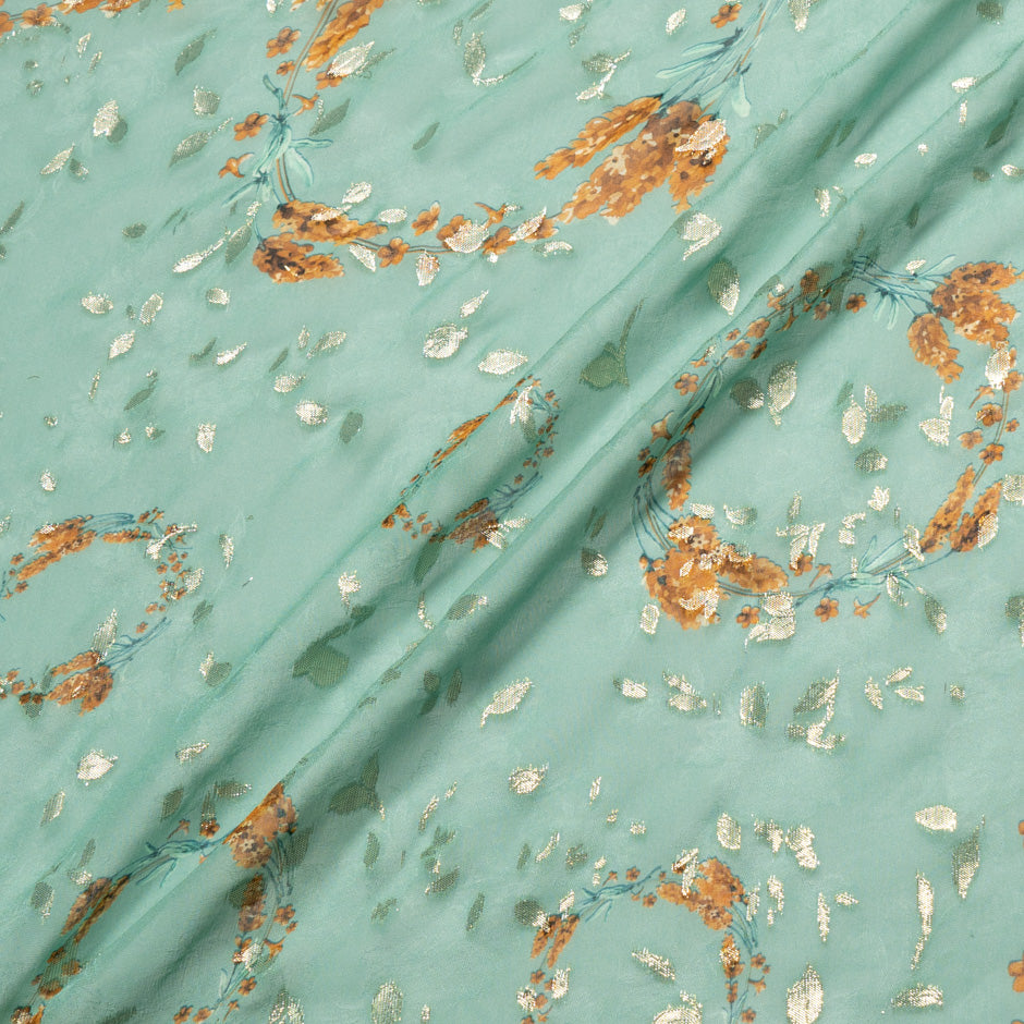 Floral Printed Eau de Nil Silk Metallic Jacquard Georgette