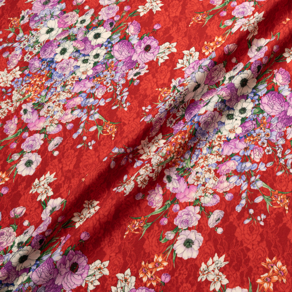 Magenta Floral Printed Rich Red Challis Wool