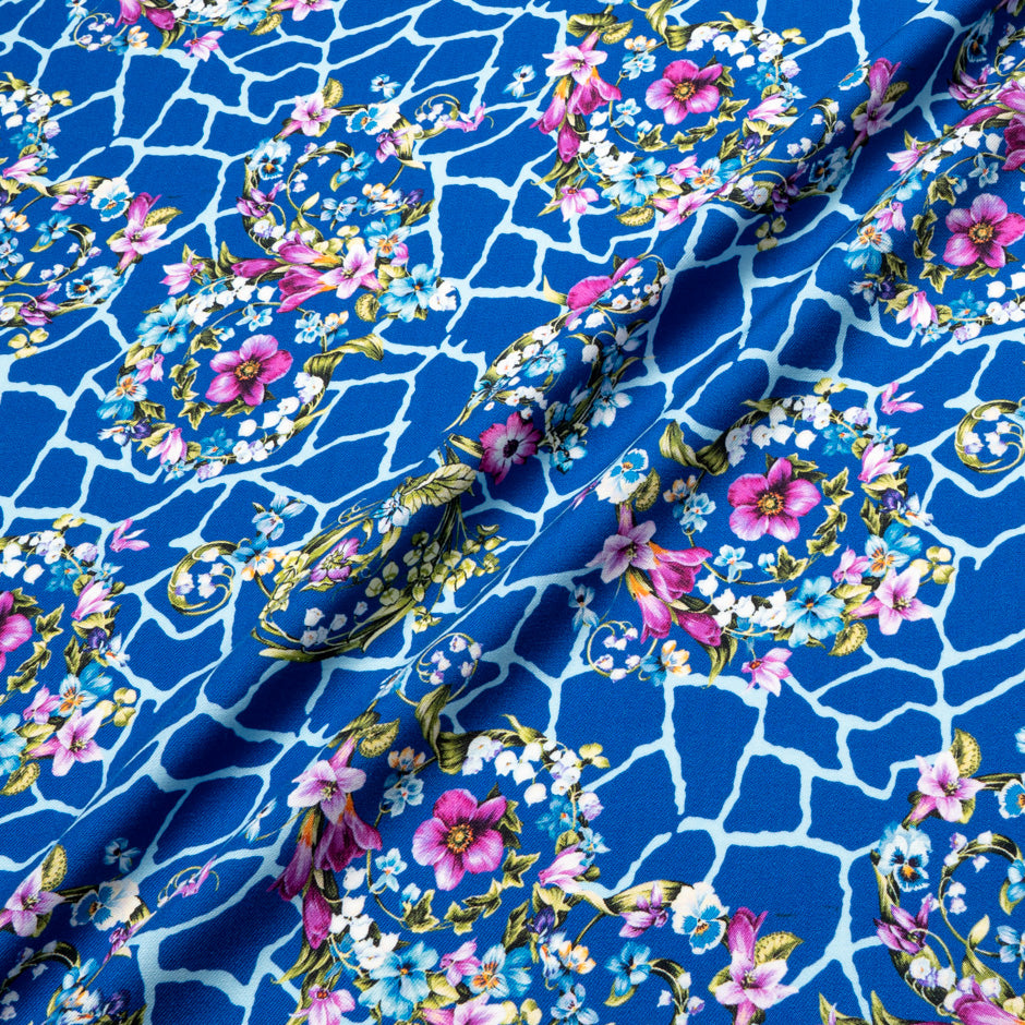 Floral Printed Royal Blue Merino Wool