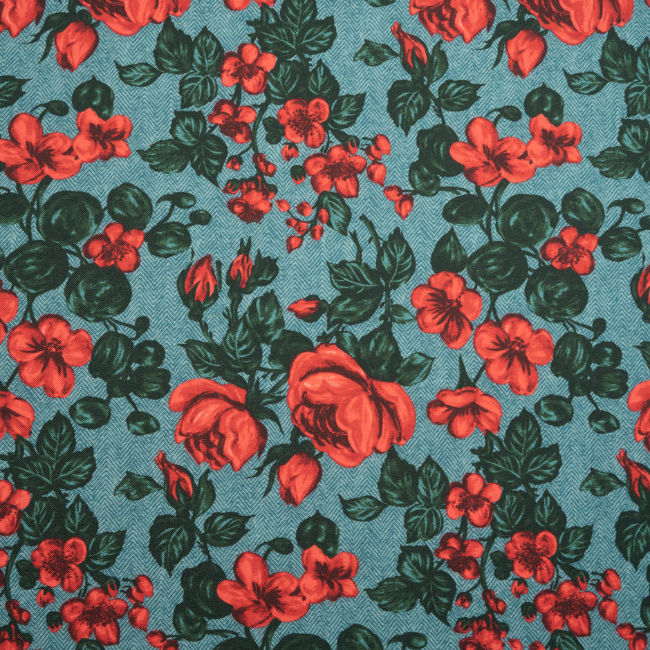 Red Rose Green Tweed Printed Merino Wool