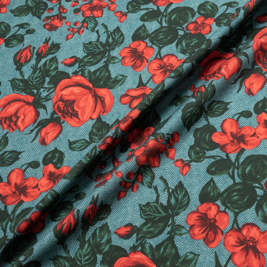 Red Rose Green Tweed Printed Merino Wool
