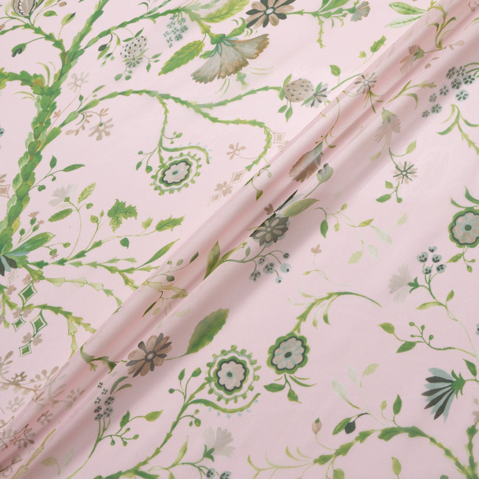 Green Floral Printed Pink Pure Silk Georgette
