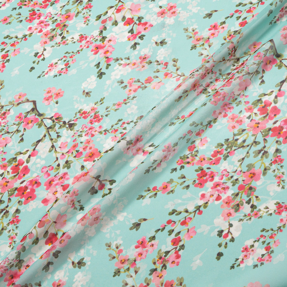 Pink Blossom Floral Printed Aqua Pure Silk Georgette