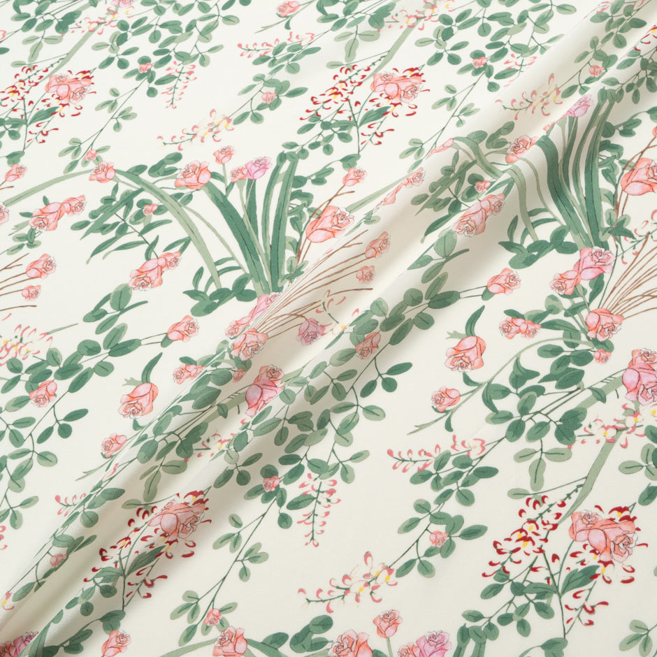 Rose Floral Printed Cream Silk Crêpe de Chine