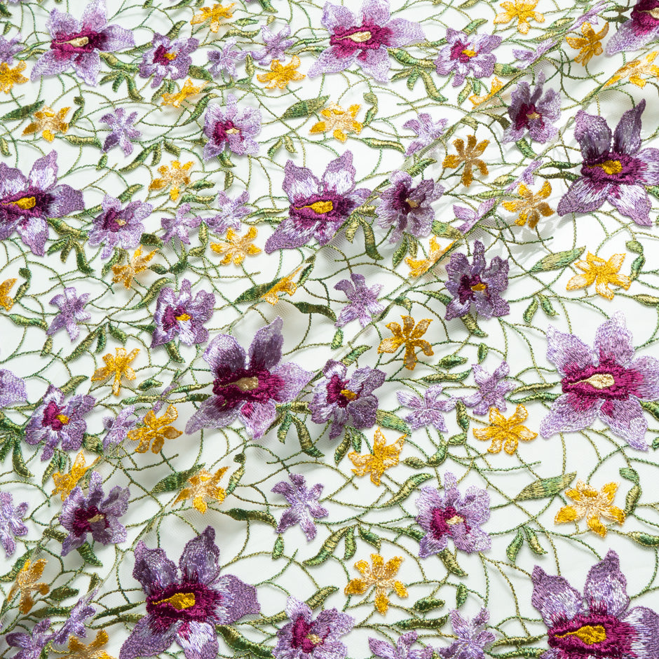 Lilac & YellowFloral Embroidered Tulle